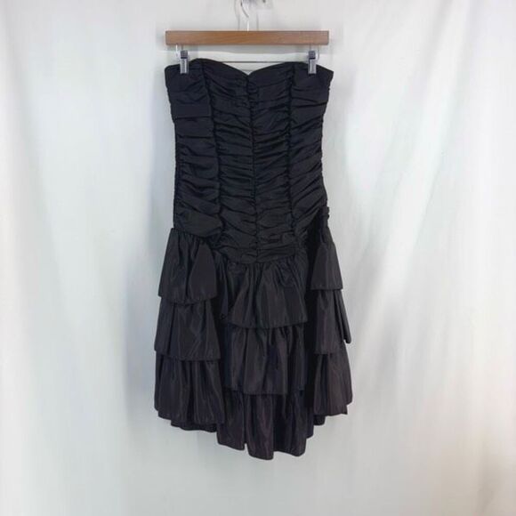 Vintage 80s Positively Ellyn Women’s Black Ruched Drop Waist Strapless Mini Dres - Picture 1 of 14